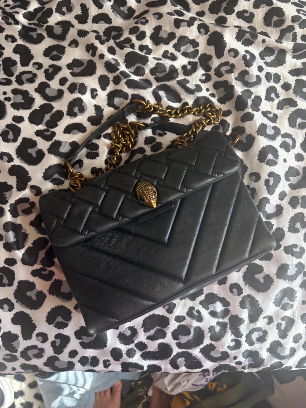 Kurt Geiger Black Quilted Leather Shoulder Bag with Gold Chain Detail